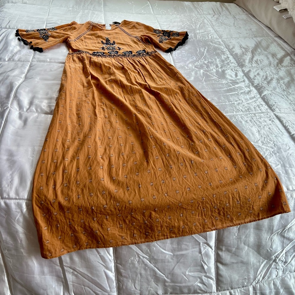 Zara TRF Woman Embroidered Mustard Midi Dress - Picture 5 of 15